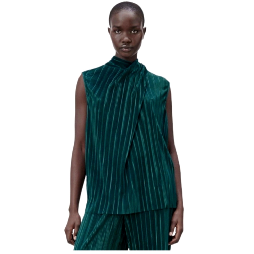 NWT Zara Sleeveless Pleated High Neck Tie Back Draped Top - Size L - MAKE OFFER!